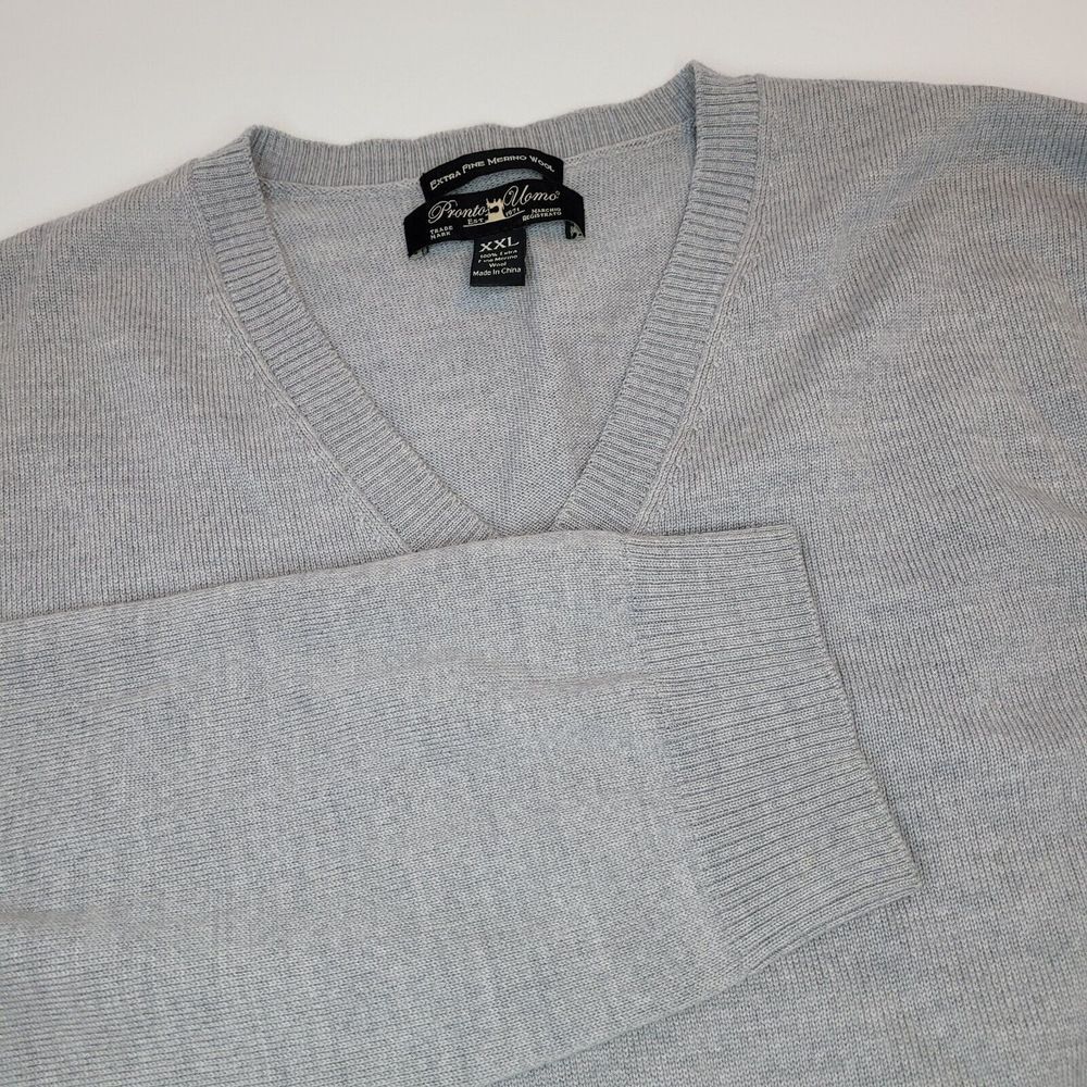 Pronto Uomo V-Neck Sweater Mens XXL Gray Excellent Extra Fine Merino Wool Knit